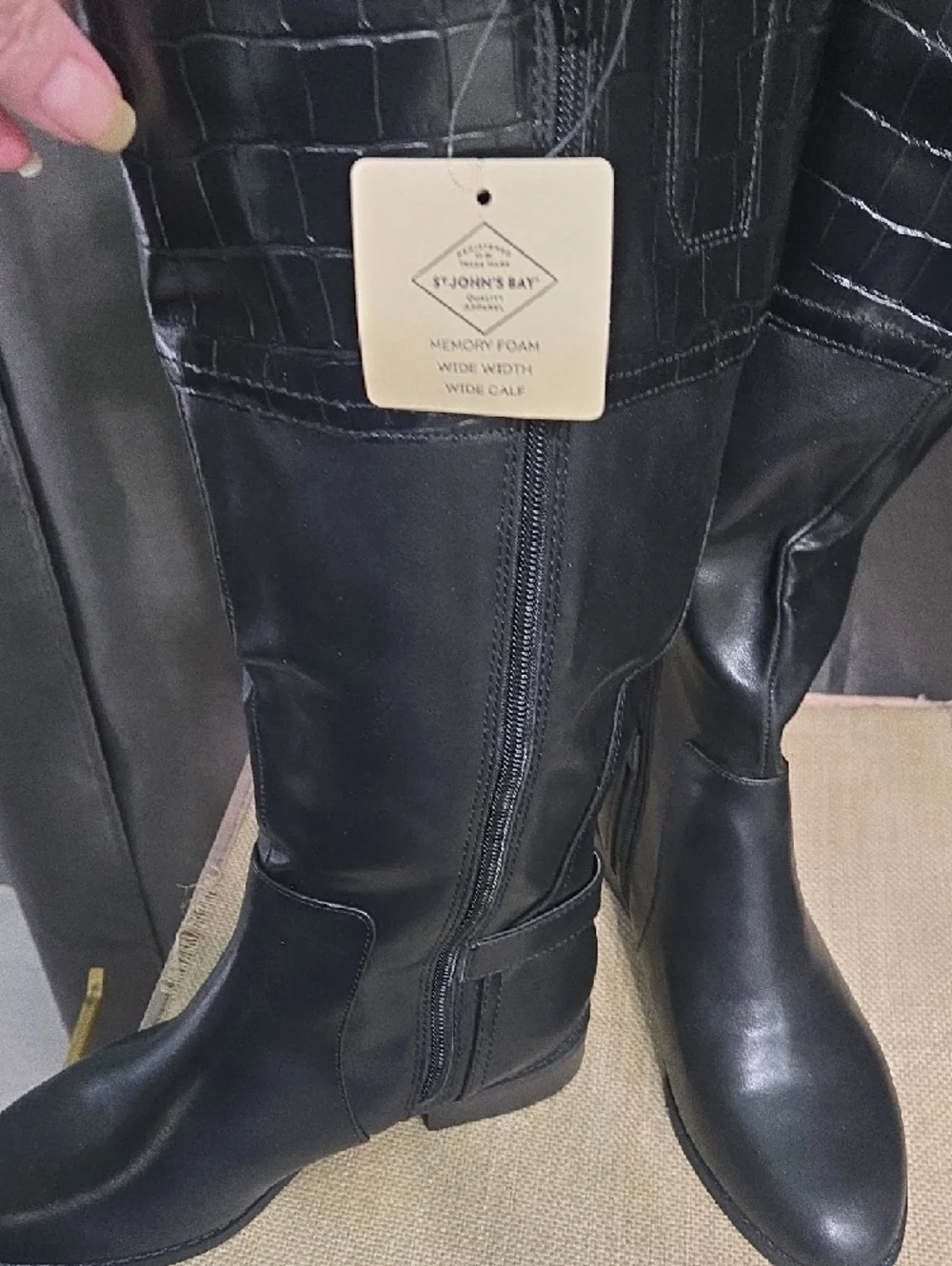 St.John's Bay Black Faux-Leather Over-the-Knee Boots with Croc-Texture Cuff